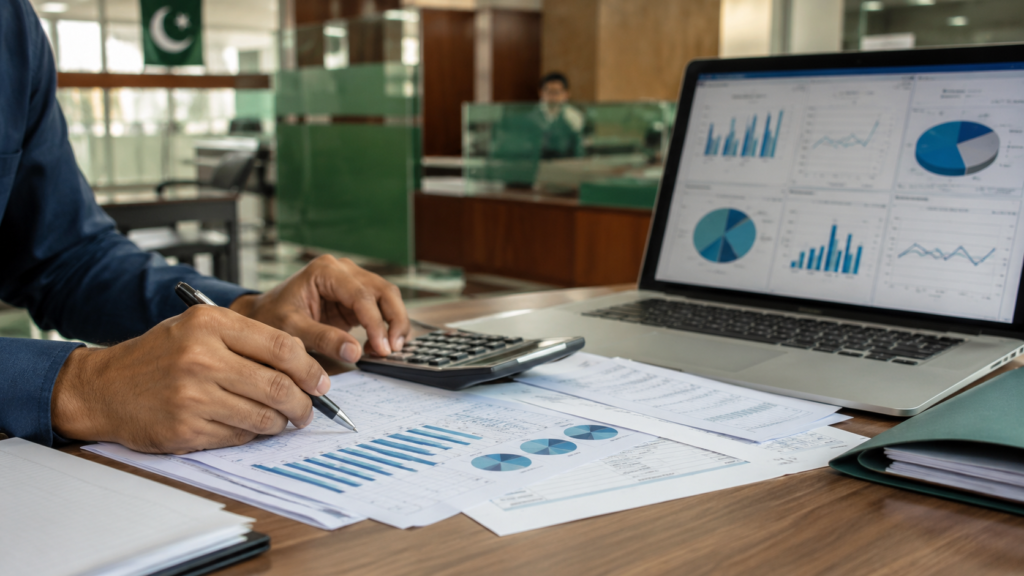 Banking documents and calculator representing banking sector government careers