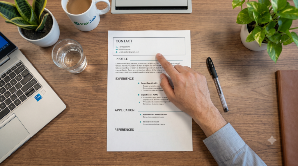 Seven CV sections arranged in order showing proper structure for jobs in Pakistan