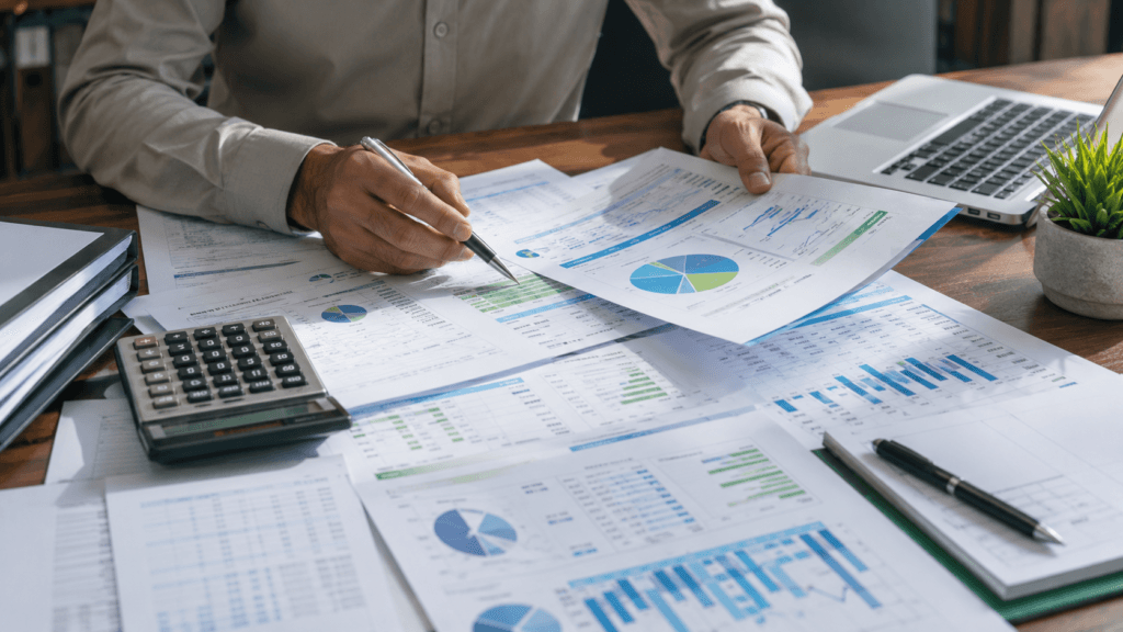 Financial reports and calculator representing high-paying careers in accountancy