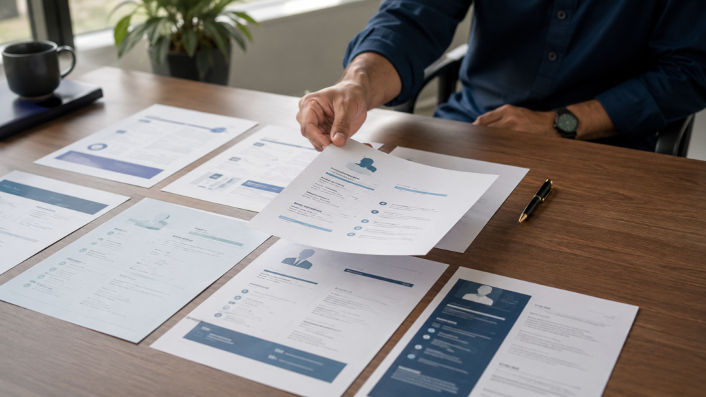 Hand selecting between multiple resume format samples on a desk