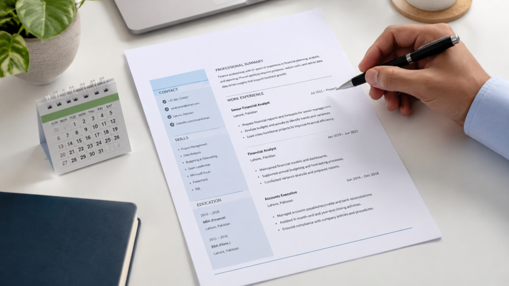 Resume with work history arranged in chronological order on a desk