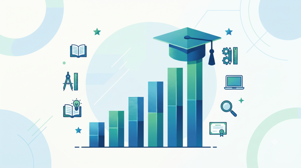 Graduation cap on rising bar chart with tools and diploma icons comparing career paths