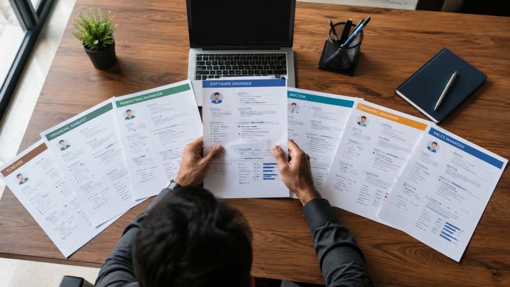 Multiple industry resumes compared representing resume examples for different industries