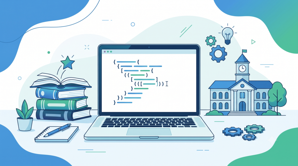 Laptop with code brackets beside books and university icon showing computer science path