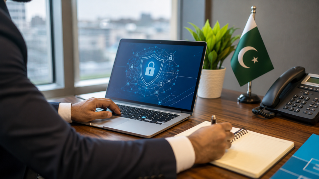 Laptop with security interface representing cybersecurity among future careers in Pakistan