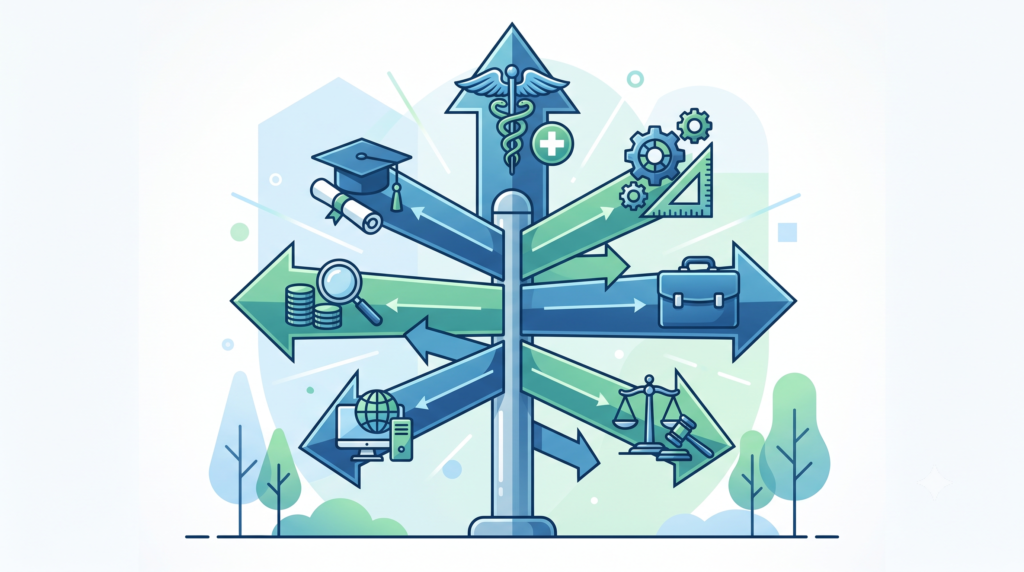 Signpost with medical, engineering, business and law icons showing degree paths after intermediate