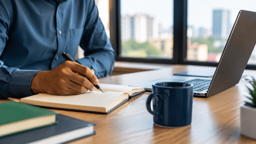 Hand drafting a resume objective statement in a notebook beside a laptop