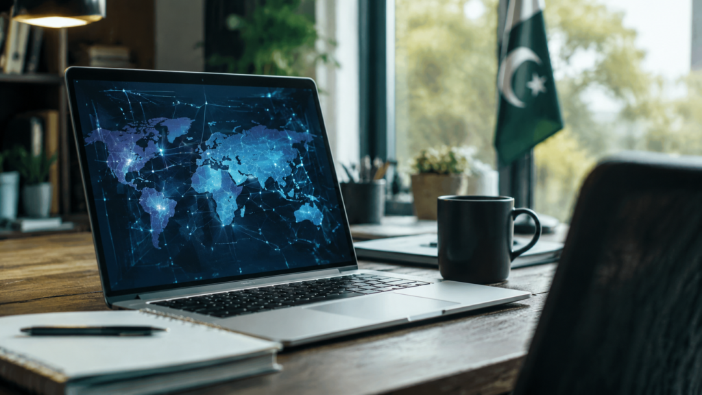 Laptop with global connections representing freelancing career options after graduation
