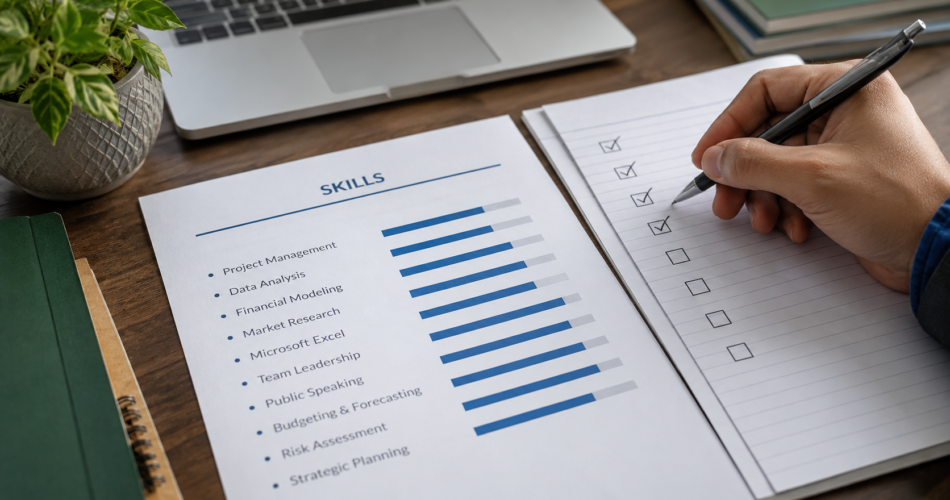 How to list skills on your resume — checklist and skills section on a desk