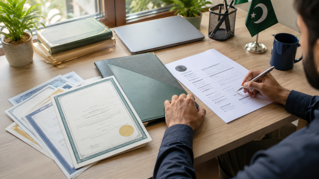 Internship certificates and project folders showing resume tips for fresh graduates