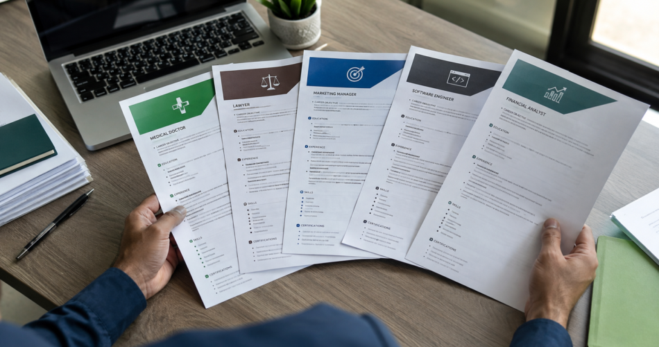 Resume examples for different industries spread across a desk in Pakistan