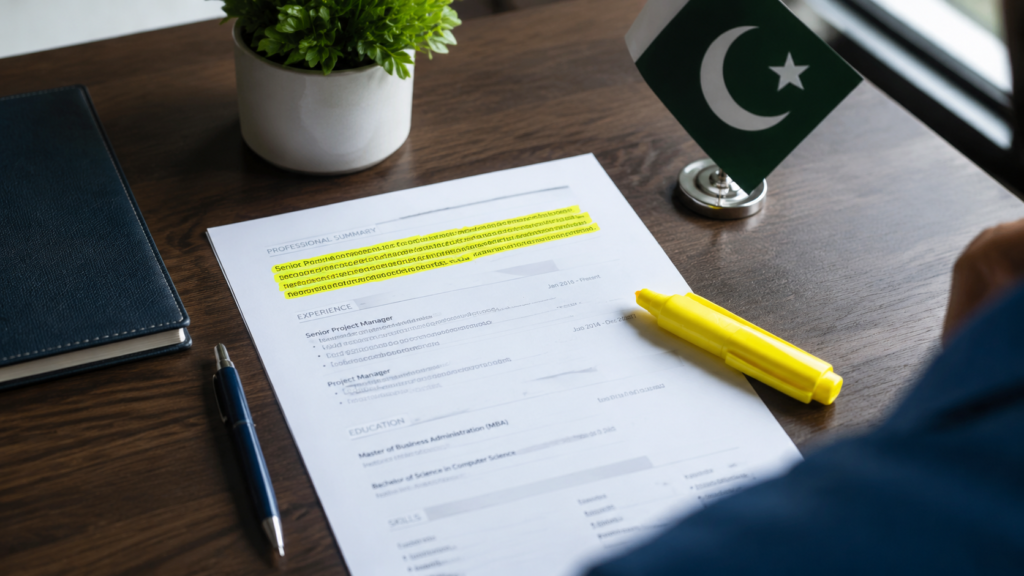 Resume summary paragraph highlighted at the top of a printed document