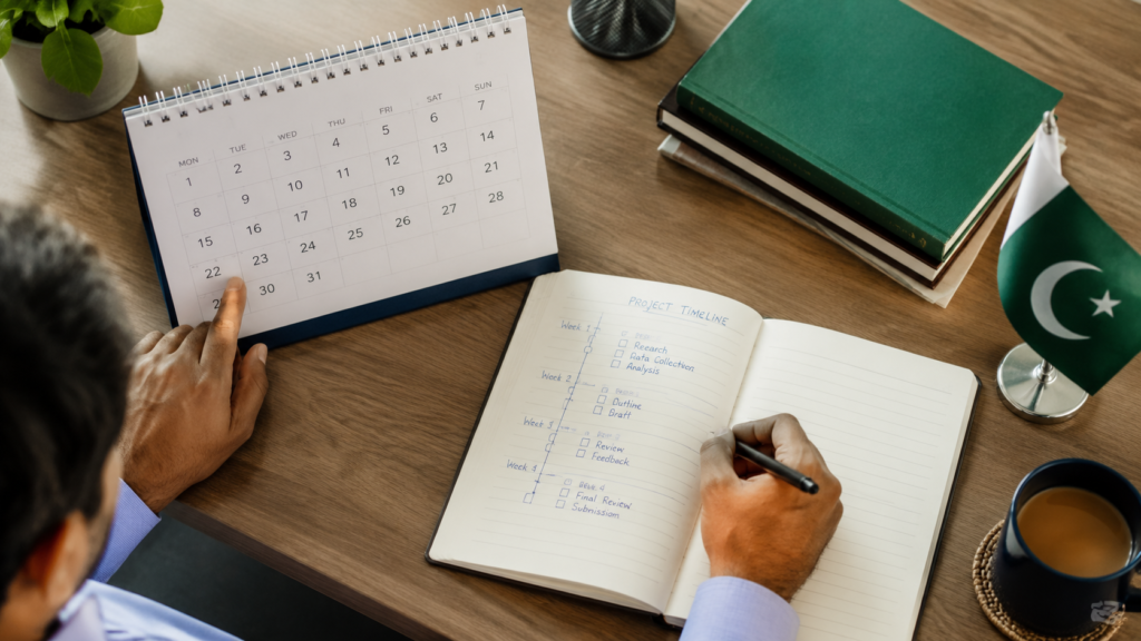 Calendar and notebook showing goal-setting steps from a career planning guide