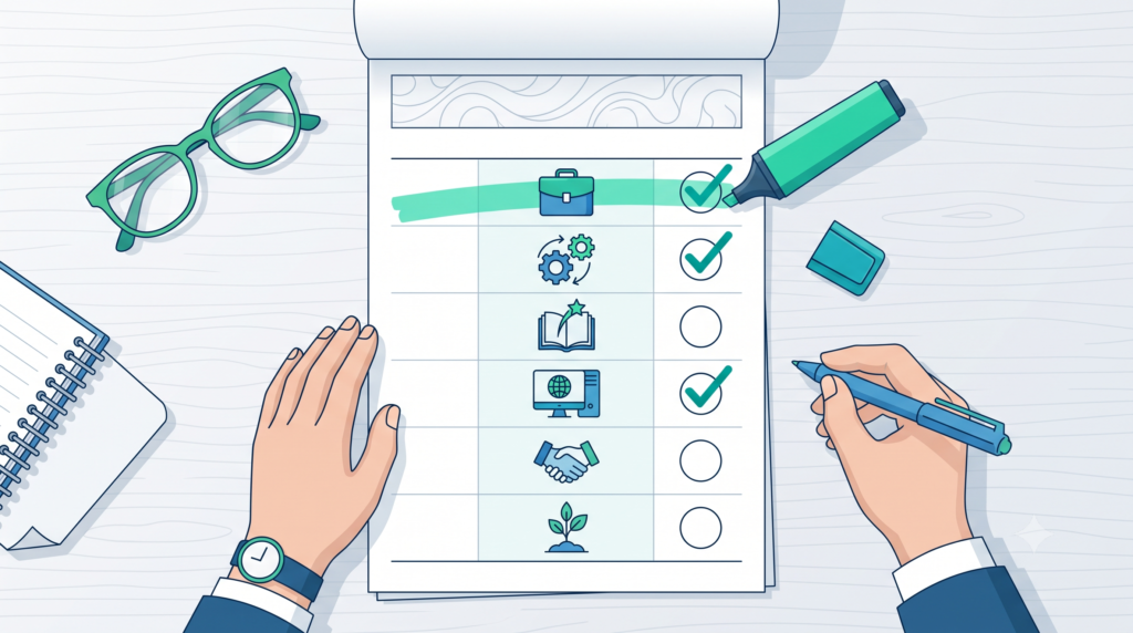 Checklist narrowing down career icons like briefcase and book, showing career shortlisting process