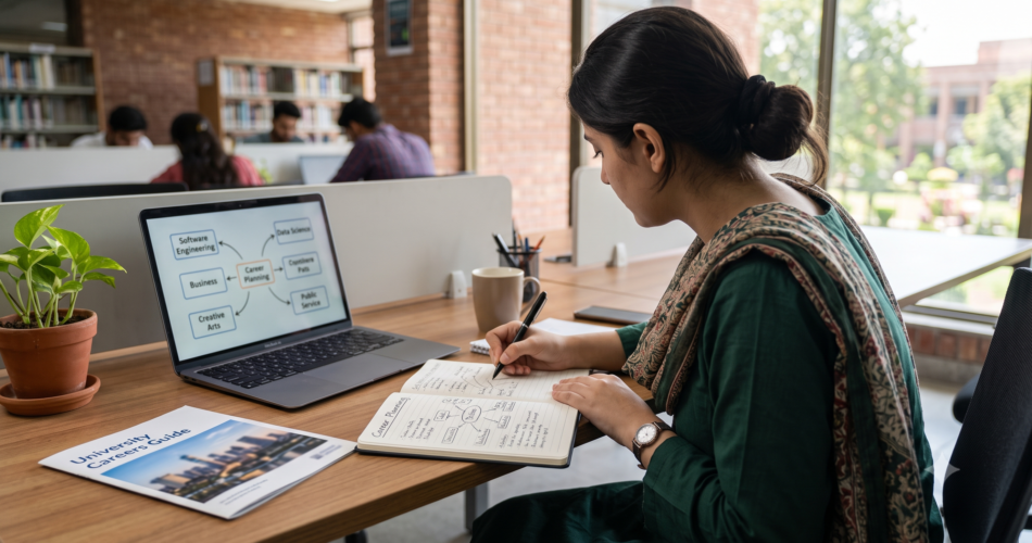 Young Pakistani student reviewing career options and planning next steps at a desk