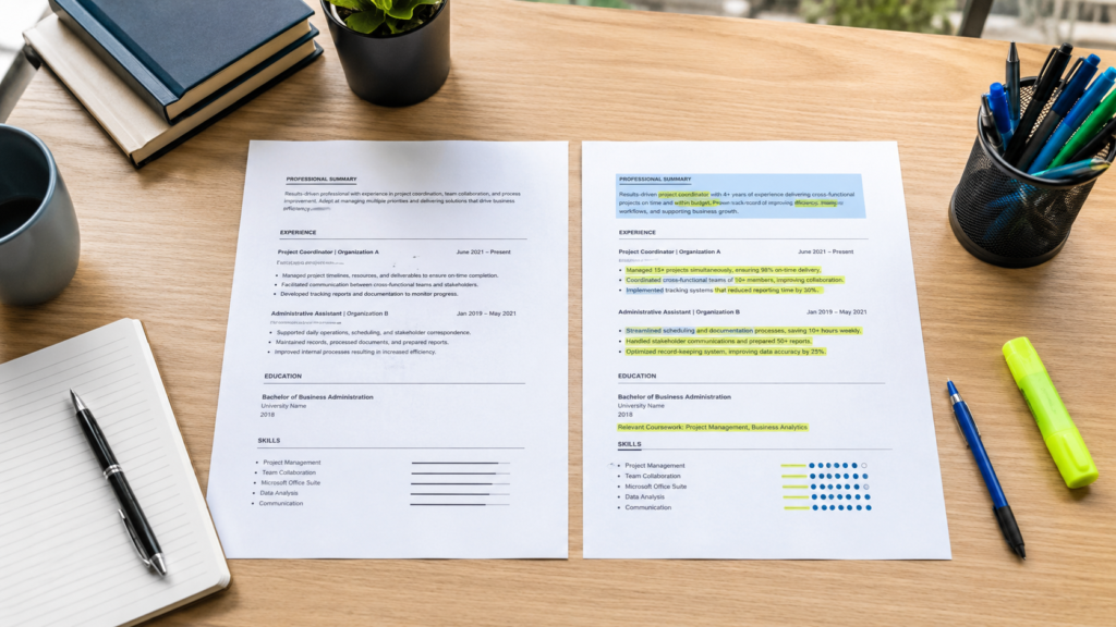 Two resumes compared showing generic versus tailored approach and resume mistakes to avoid