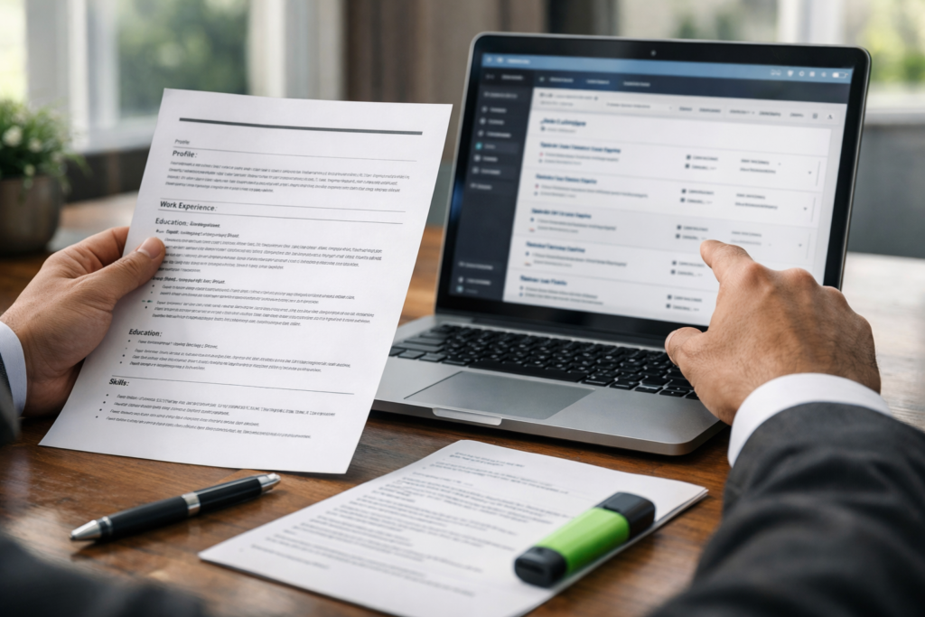 Hands comparing a resume against a job posting on a laptop screen