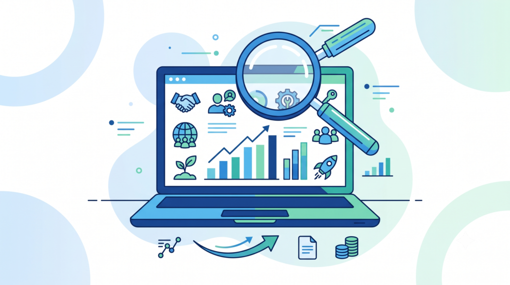 Magnifying glass over laptop showing job listings, symbolizing career market research in Pakistan