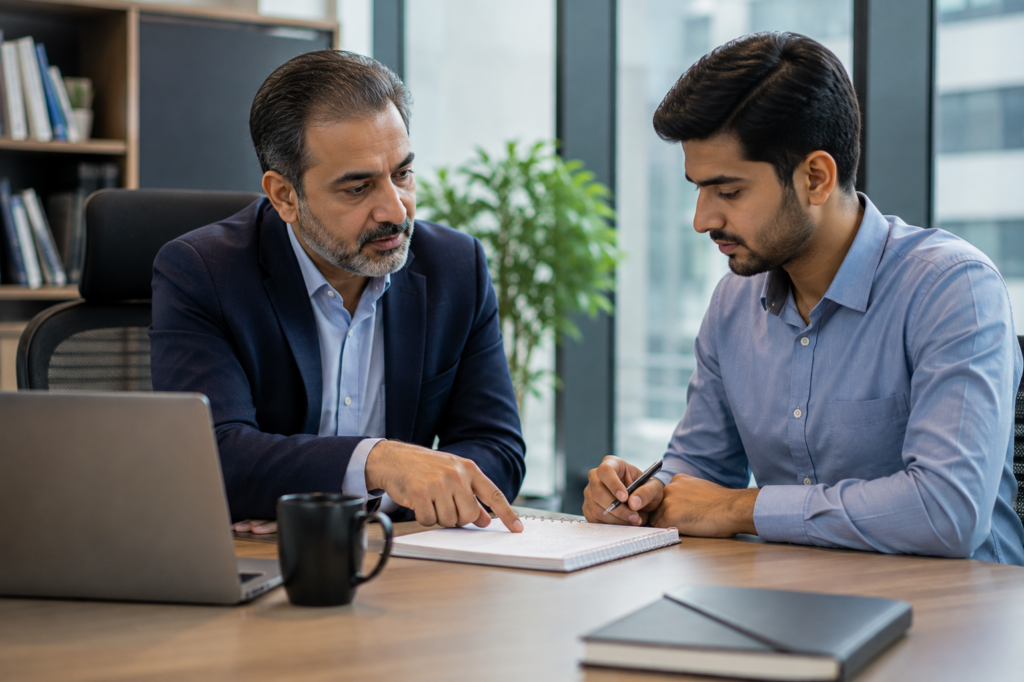 Pakistani employee reviewing a career development Pakistan plan with a workplace mentor