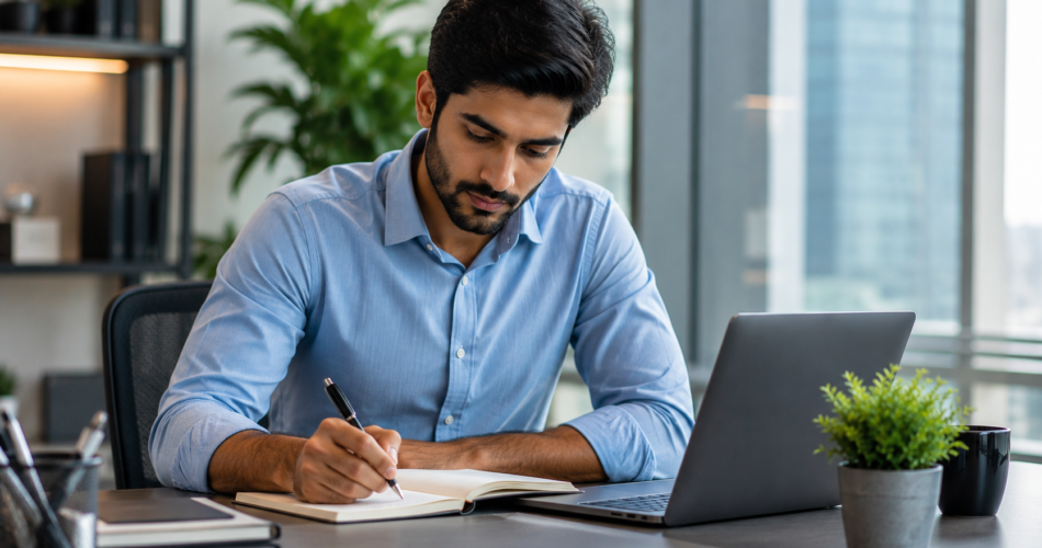 Pakistani professional writing career goals Pakistan plan in a notebook at office desk