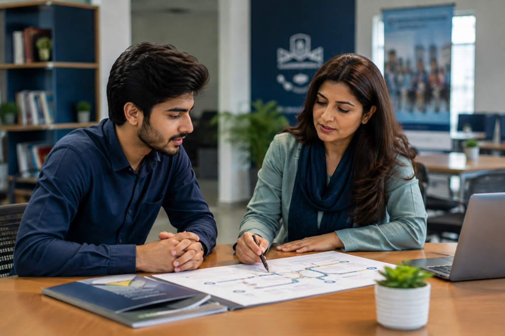 Pakistani student reviewing a career development plan with a mentor