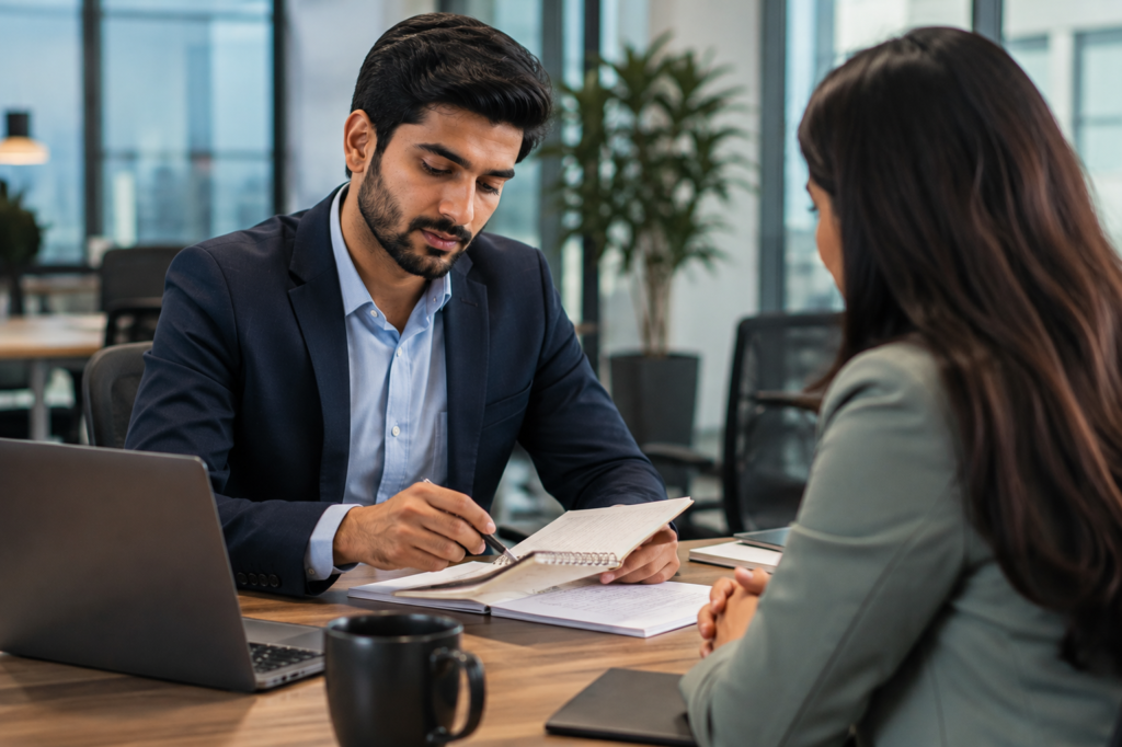 Pakistani professional reviewing career progress and goals during a meeting