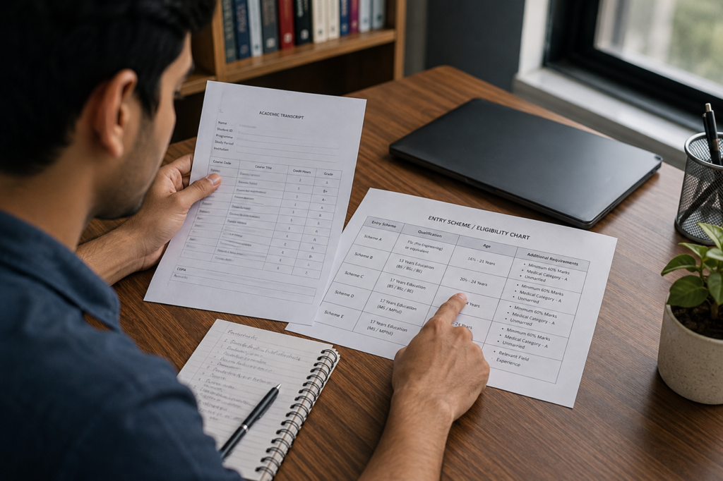 Candidate reviewing Pak Army jobs Pakistan eligibility criteria and documents at a desk