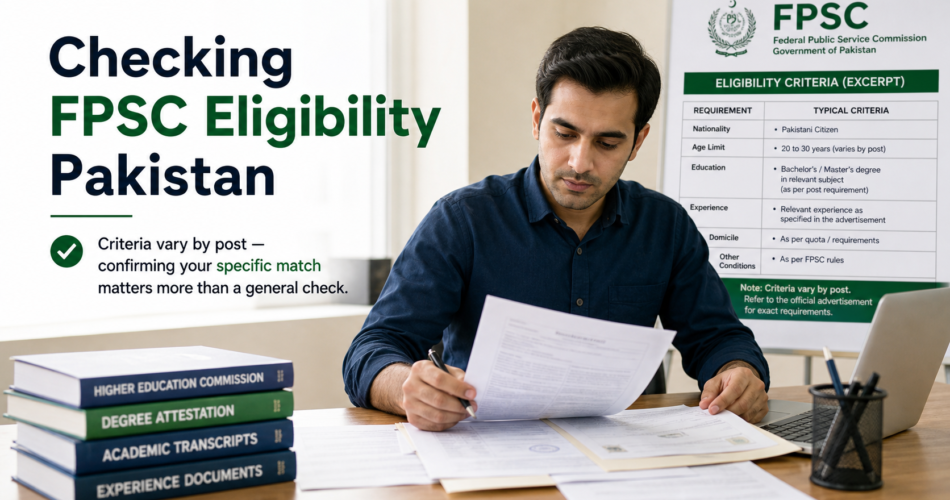 Candidate checking FPSC eligibility criteria against academic documents at a desk