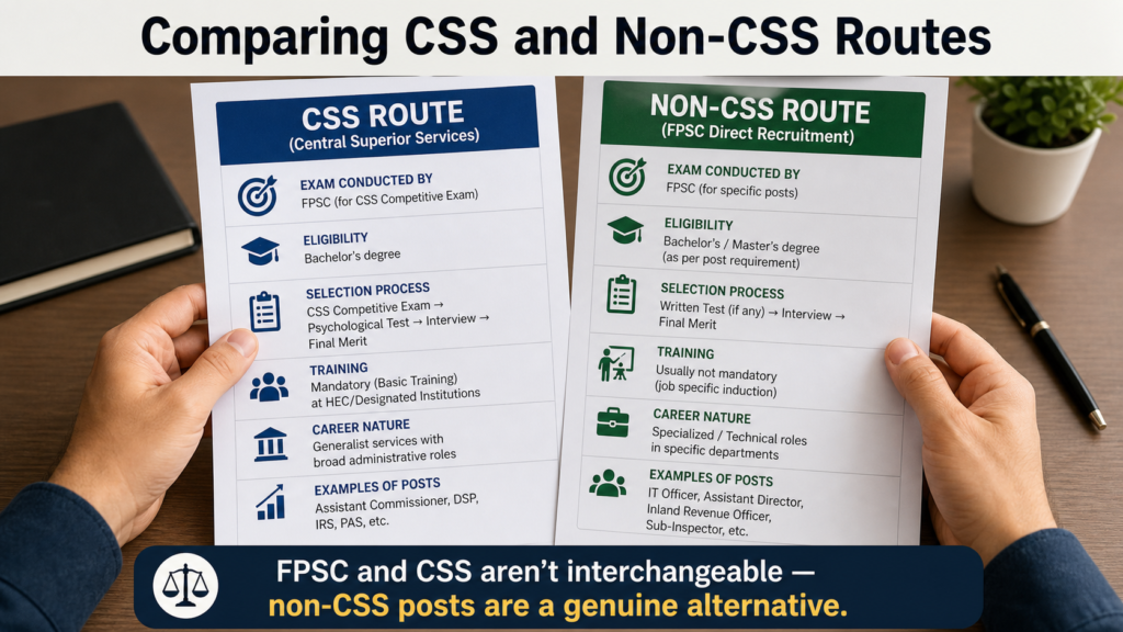 Candidate comparing CSS and non-CSS FPSC post requirements side by side on paper