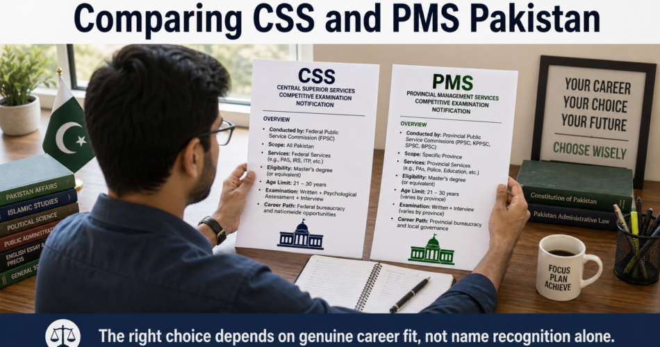 Candidate comparing CSS vs PMS notification documents side by side at a study desk