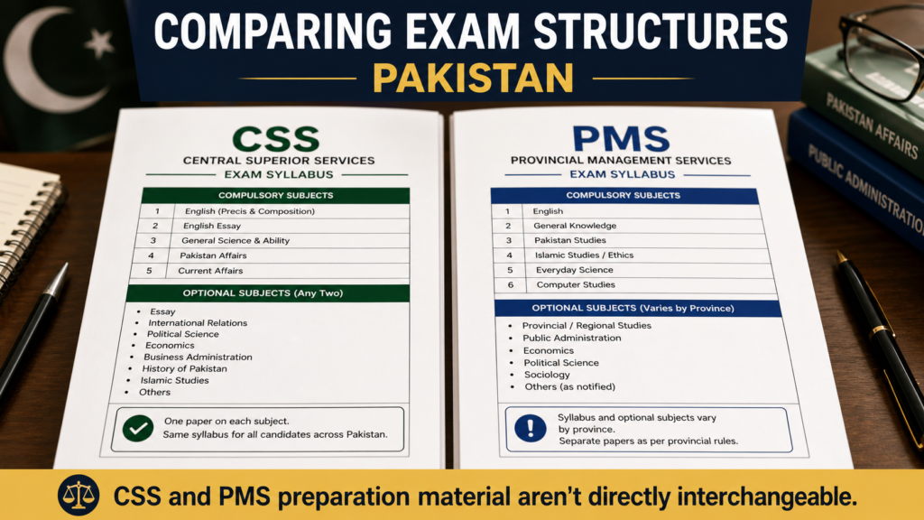 CSS and provincial PMS exam syllabus documents being reviewed side by side for study