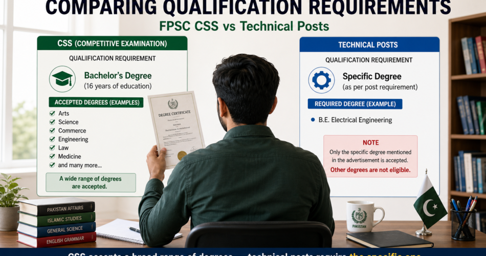 Candidate reviewing FPSC qualifications required for CSS and technical posts at a desk