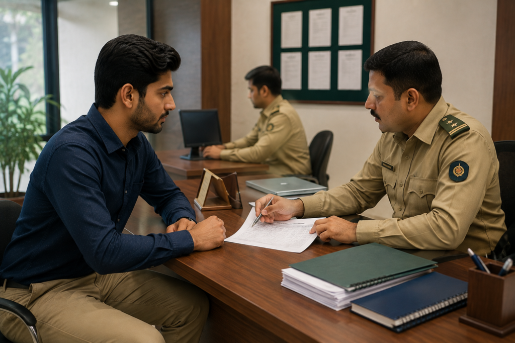 Candidate confirming exact age eligibility with a recruitment officer at an office desk