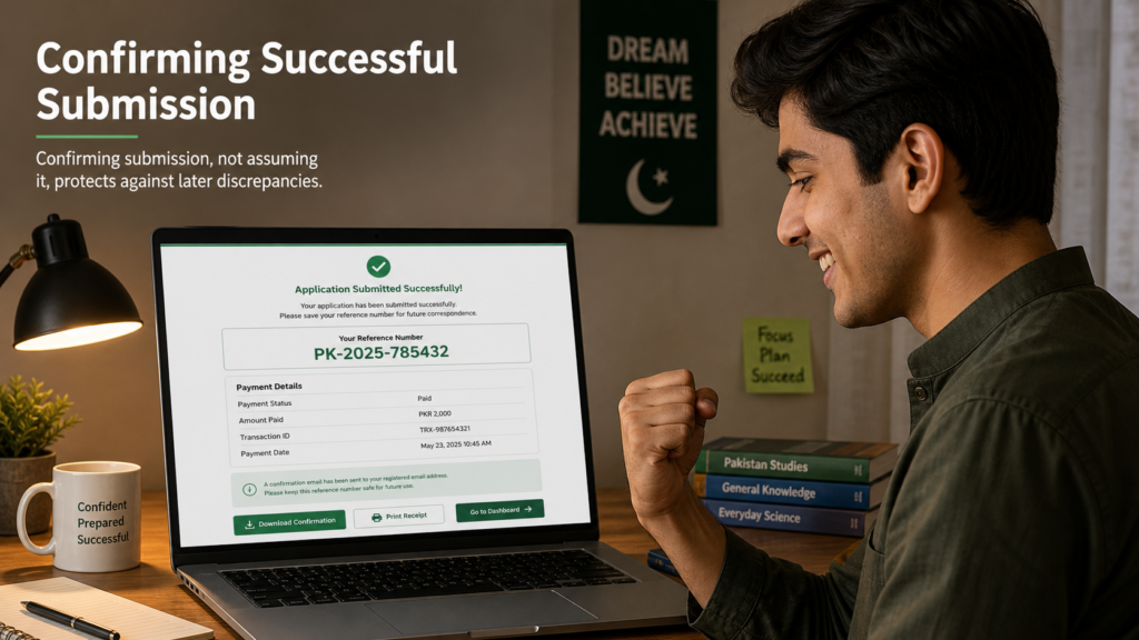 Candidate confirming fee payment receipt and submission reference number on screen