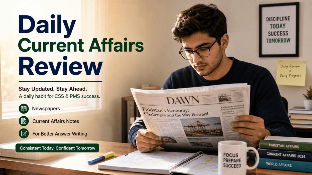 Candidate reviewing current affairs notes as part of ongoing daily test preparation