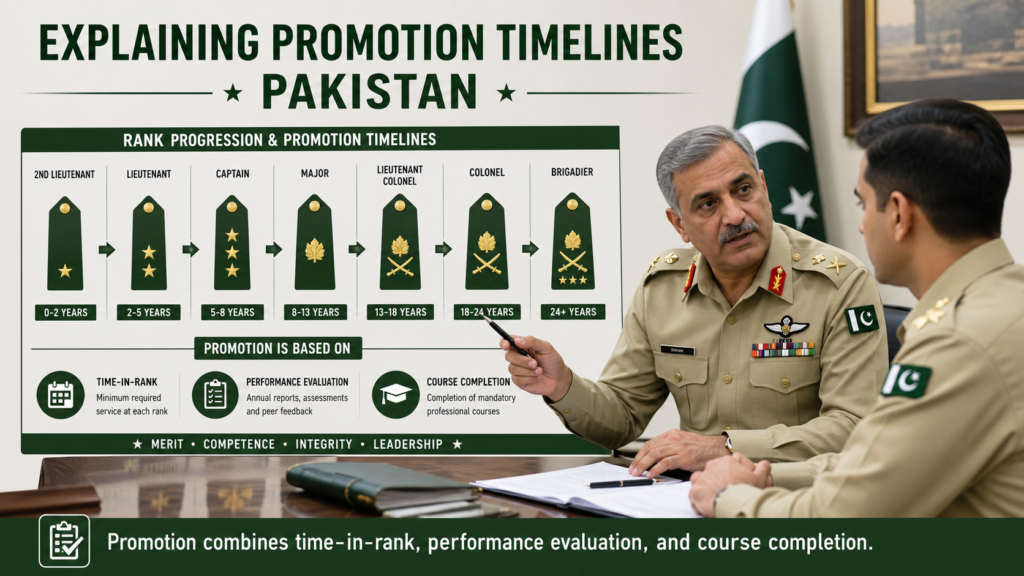 Officer explaining rank progression and promotion timeline to a junior colleague