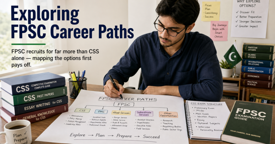 Candidate reviewing FPSC jobs Pakistan options and the CSS exam structure at a desk