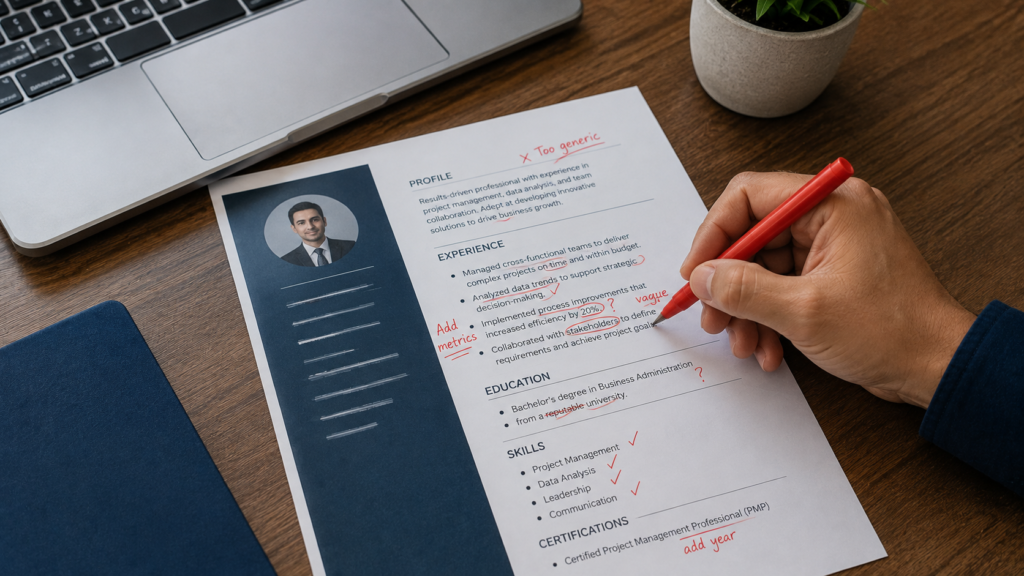 Resume being corrected with red pen illustrating career mistakes to avoid
