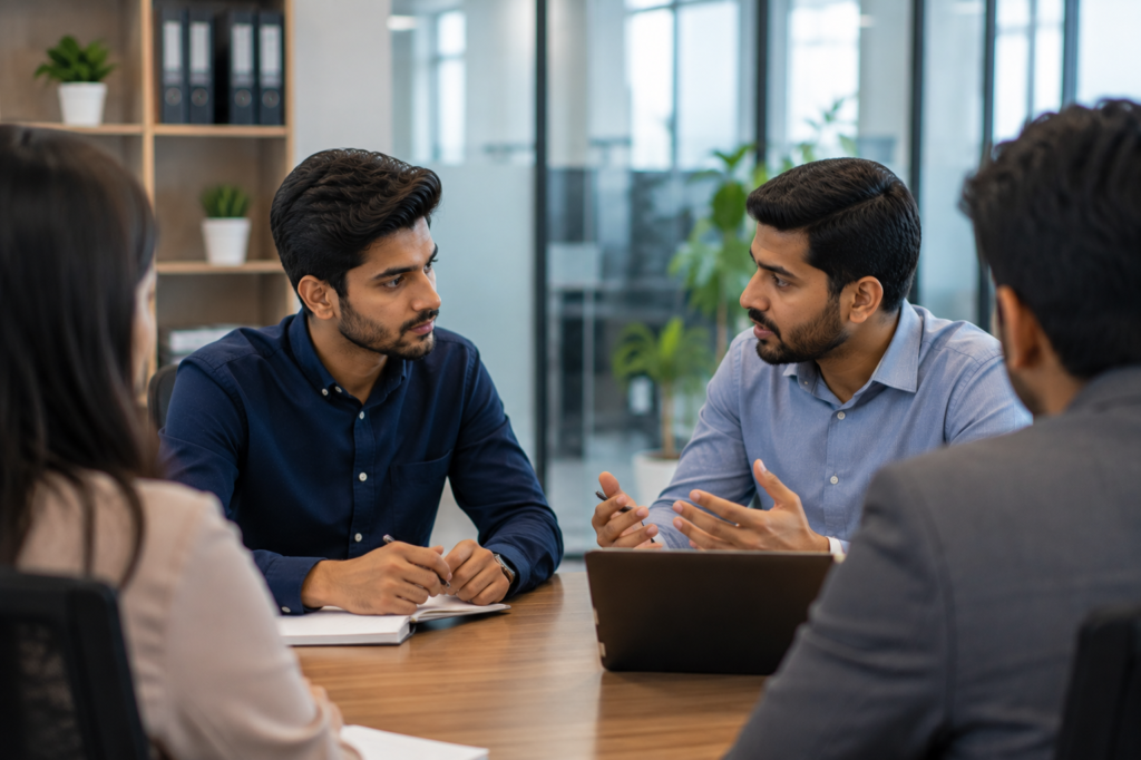 Pakistani intern receiving feedback on completed office work during a team meeting