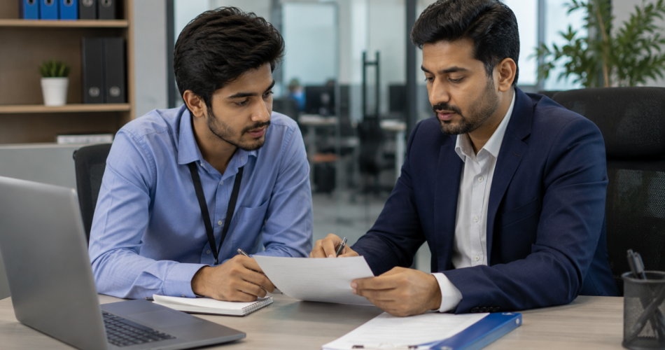 Pakistani student in an internship Pakistan office role reviewing tasks with a supervisor