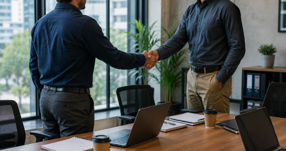 Networking for career growth — professionals connecting in a modern office