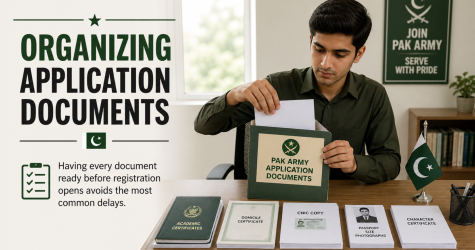 Candidate organizing Pak Army documents required for application in a labeled folder