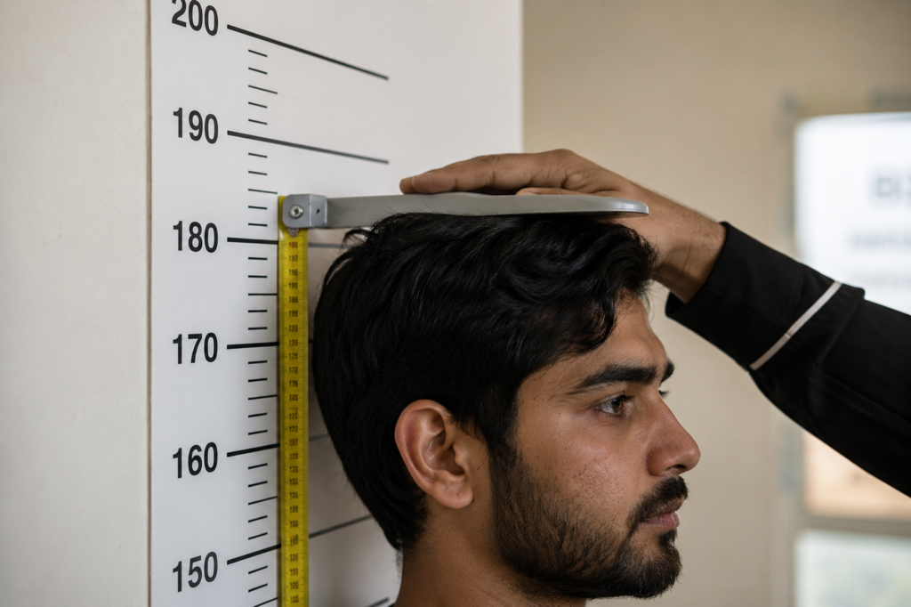 Height and chest measurement being recorded during an official physical standards check