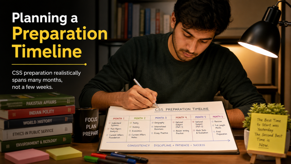Candidate building a structured study timeline for FPSC exam preparation in a notebook