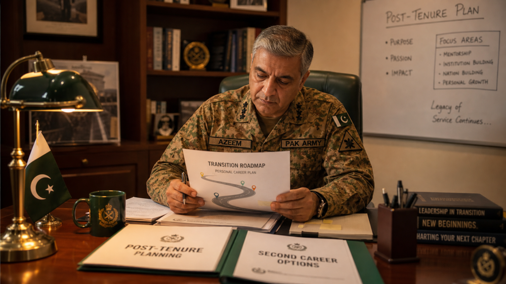 Officer reviewing post-tenure career transition options at a desk with documents