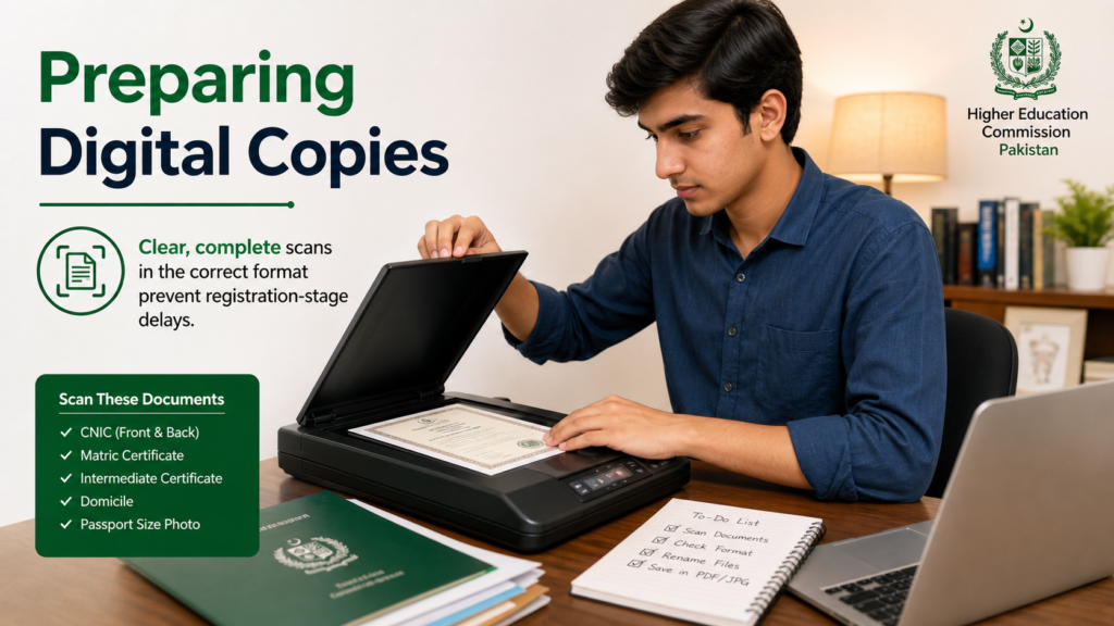 Candidate scanning academic documents to prepare digital copies for online registration