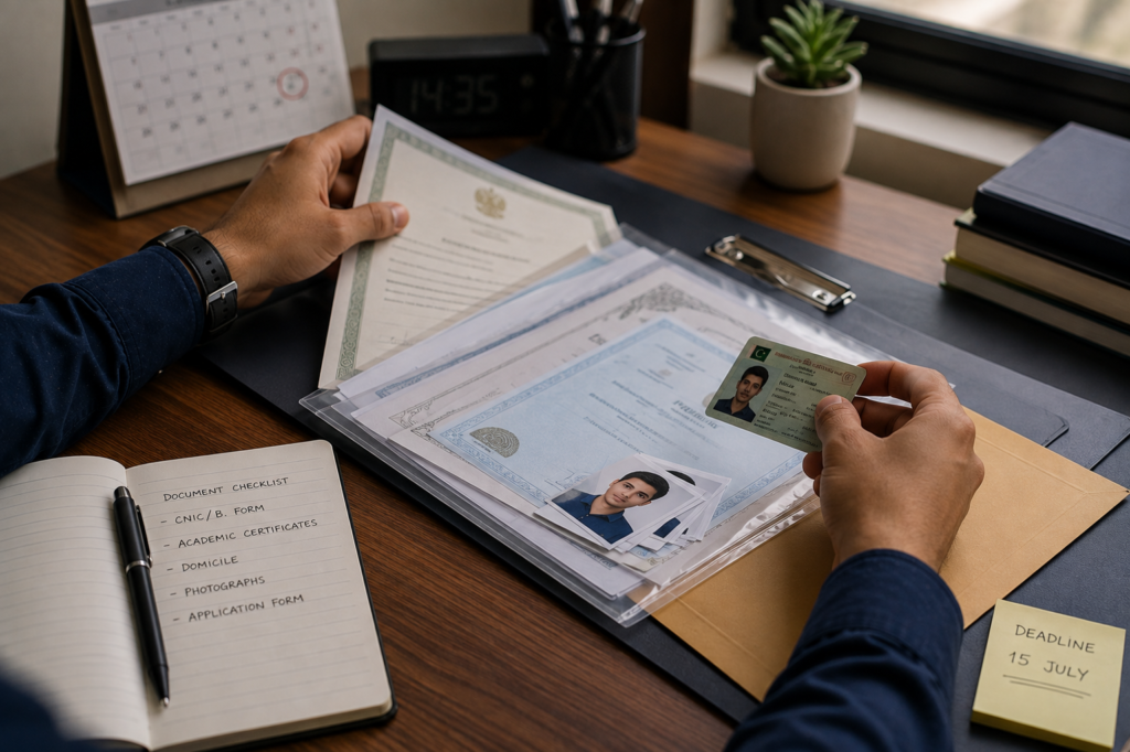Applicant preparing documents and certificates for a Long Course registration deadline