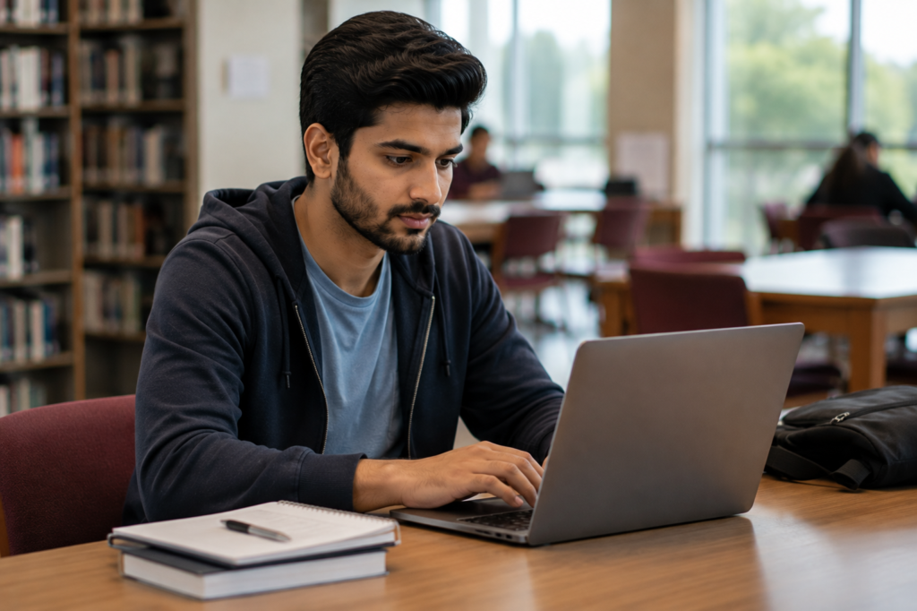 Pakistani student preparing an internship Pakistan application on a laptop at university