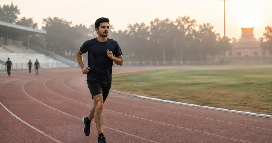 Candidate running on a track preparing for Pak Army physical test standards assessment