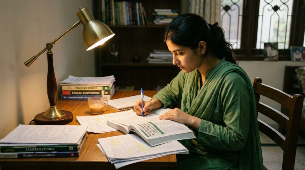Female officer candidate preparing for a written test at a quiet home study desk